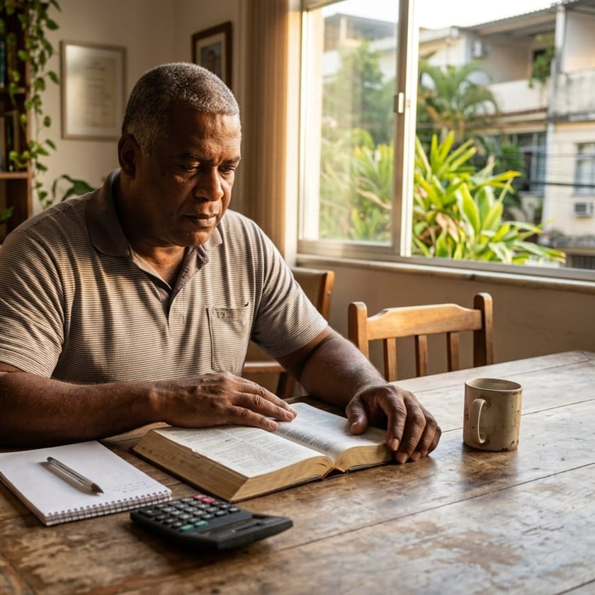 Homem de camisa polo lê uma Bíblia numa mesa de madeira, com calculadora e caderno.