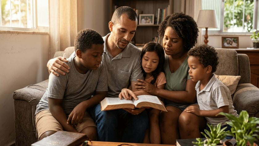 Família com três crianças lê a Bíblia junta no sofá da sala.