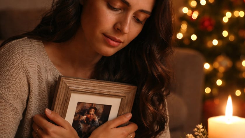 Mulher de cabelo escuro abraça um porta-retrato ao lado de uma vela e uma árvore de Natal.