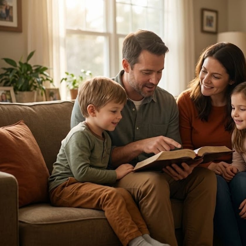 Família com dois filhos pequenos olha um livro grande aberto no sofá da sala.