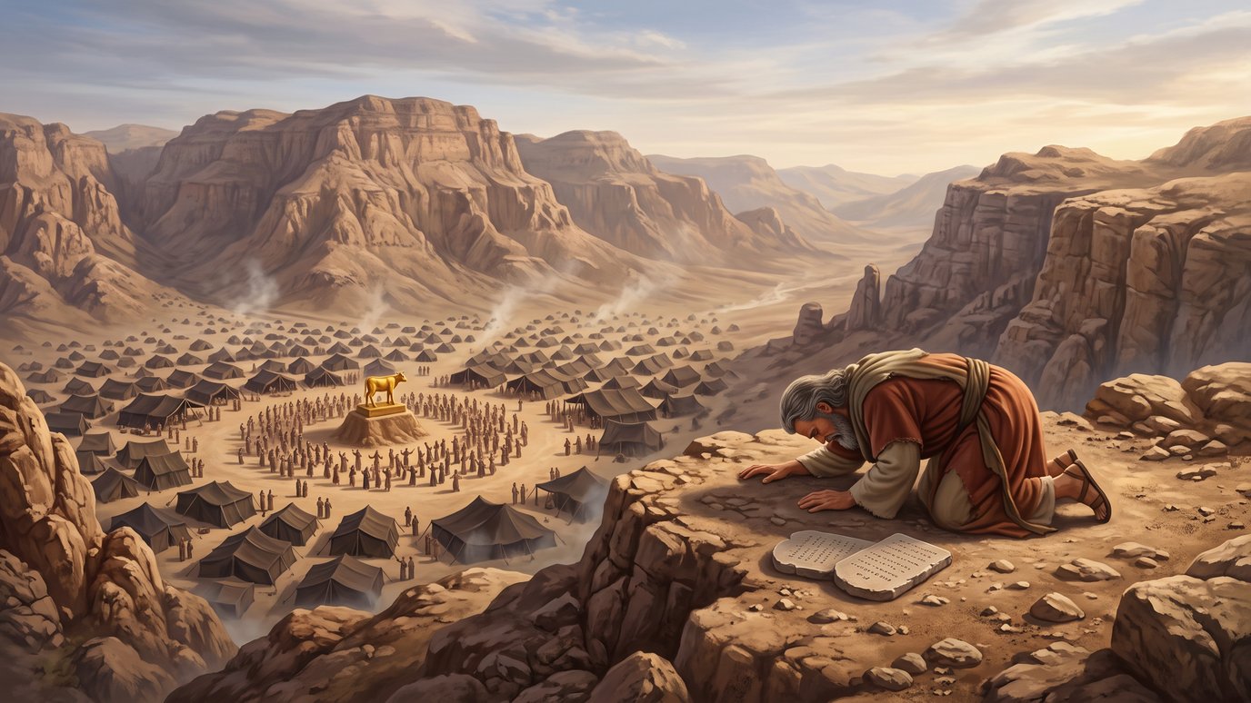 Homem idoso prostrado no alto de um penhasco, com tábuas de pedra, olha acampamento no deserto.