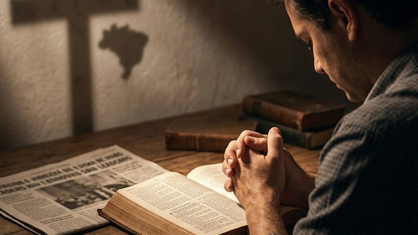 Homem de mãos postas diante de uma Bíblia aberta e um jornal, com sombra de cruz na parede.