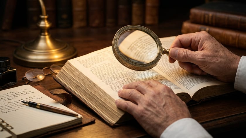 Mãos de uma pessoa idosa examinam um livro antigo aberto com uma lupa sobre a mesa.