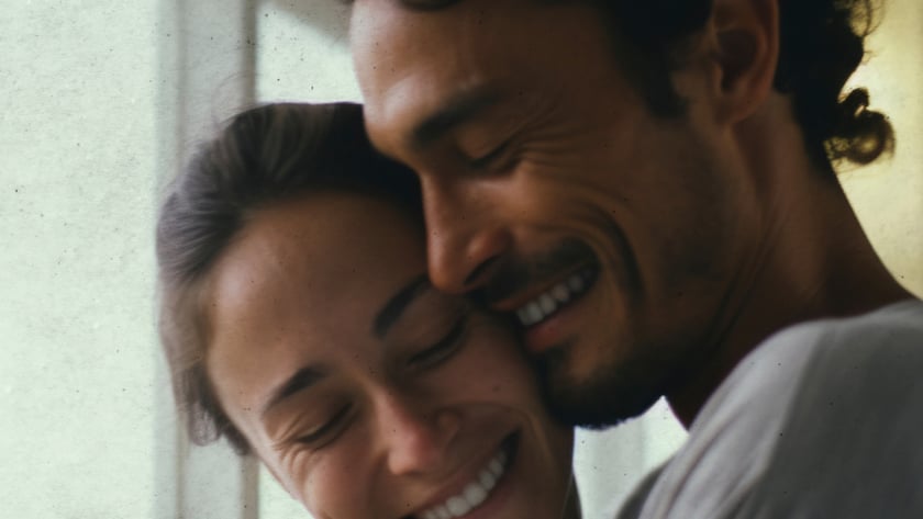 Homem de cabelo cacheado e mulher se abraçam sorrindo, de olhos fechados, perto de uma janela.