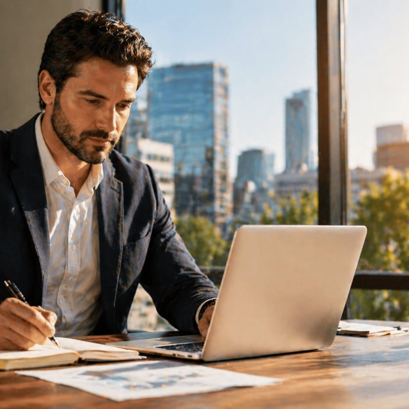 Homem de blazer escreve em caderno enquanto usa notebook, com prédios ao fundo.