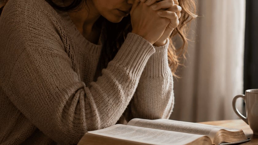 Mulher de olhos fechados e mãos juntas ao lado de uma Bíblia aberta, xícara e planta.
