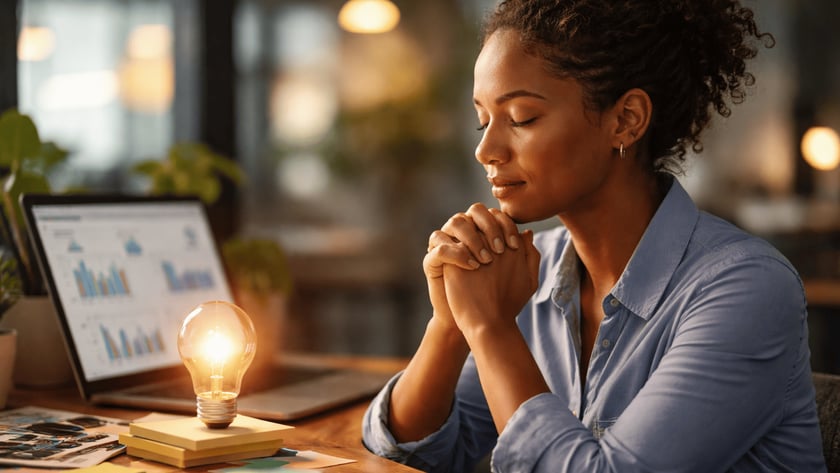Mulher de olhos fechados e mãos unidas à mesa, com lâmpada acesa e notebook com gráficos.