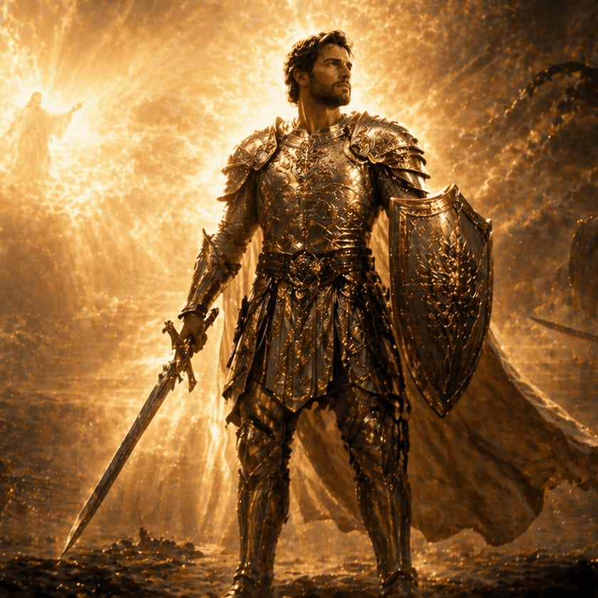 Guerreiro de armadura dourada segura espada e escudo