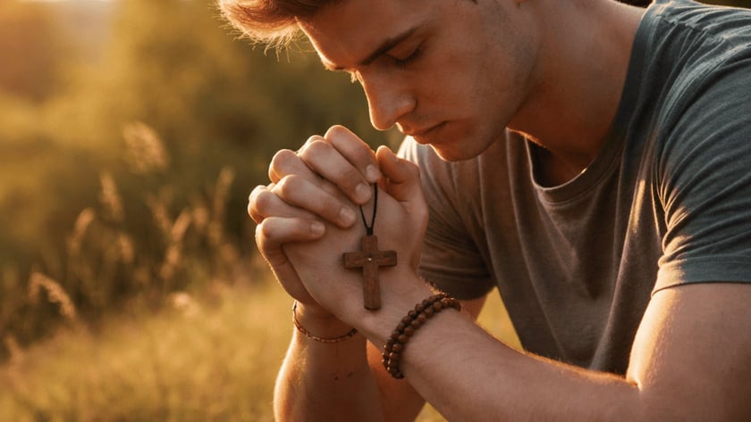 Jovem sentado na grama, de olhos fechados, com as mãos postas segurando uma cruz de madeira.