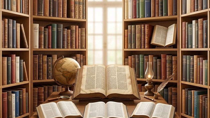 Mesa de madeira com livros abertos, globo, lamparina e pena, entre estantes cheias de livros.
