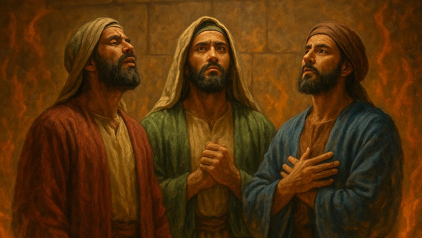 Três homens barbados com mantos coloridos e véus na cabeça estão em pé entre chamas.
