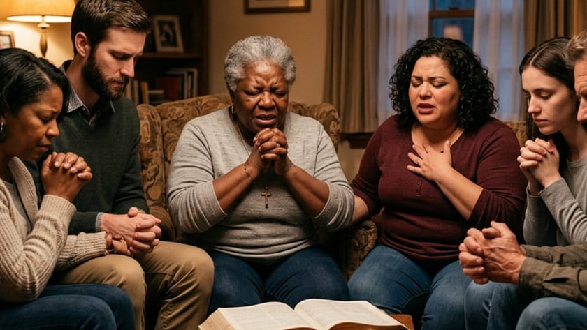 Cinco pessoas rezam de mãos postas numa sala, com uma Bíblia aberta e uma vela à frente.