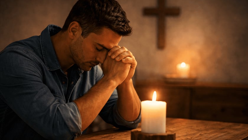 Homem de camisa jeans com as mãos unidas junto à testa, ao lado de uma vela acesa.