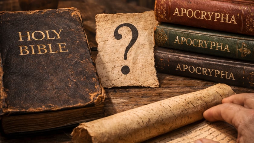 Bíblia antiga ao lado de livros "APOCRYPHA", pergaminho e papel com interrogação.
