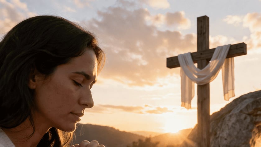 Mulher de cabelos escuros e suéter claro com as mãos unidas, ao lado de uma cruz de madeira.