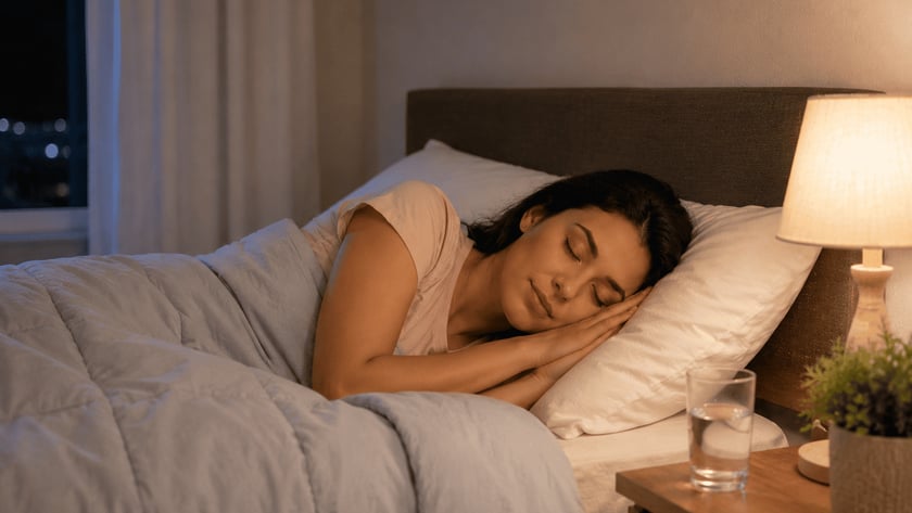 Mulher de cabelo escuro dorme de lado na cama, com abajur aceso ao lado.