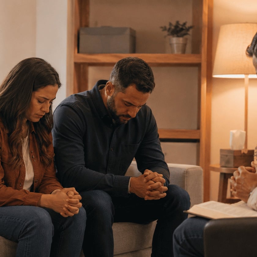 Dois homens sentados, de cabeça baixa e mãos unidas, rezam numa sala com uma Bíblia aberta.