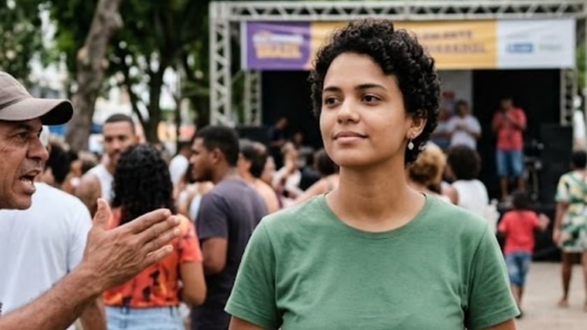 Jovem de camiseta verde observa evento ao ar livre enquanto mulher sorridente aplaude ao lado.