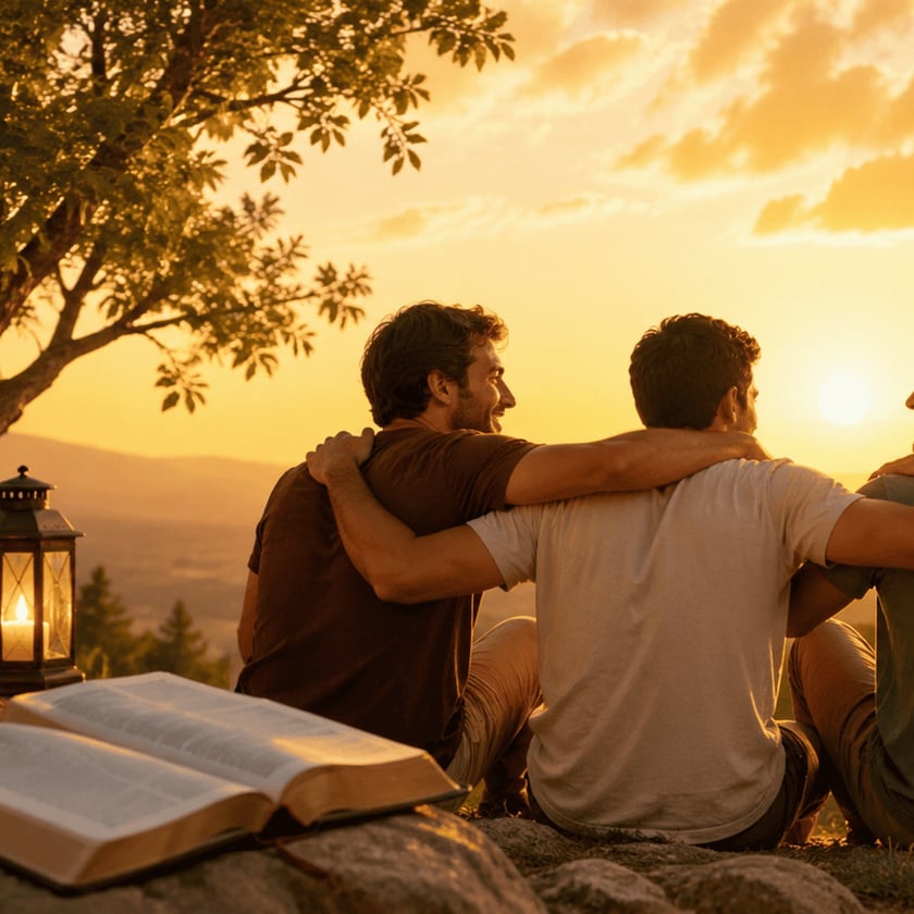 Três homens sentados abraçados numa colina ao pôr do sol, com uma Bíblia aberta e uma lanterna.