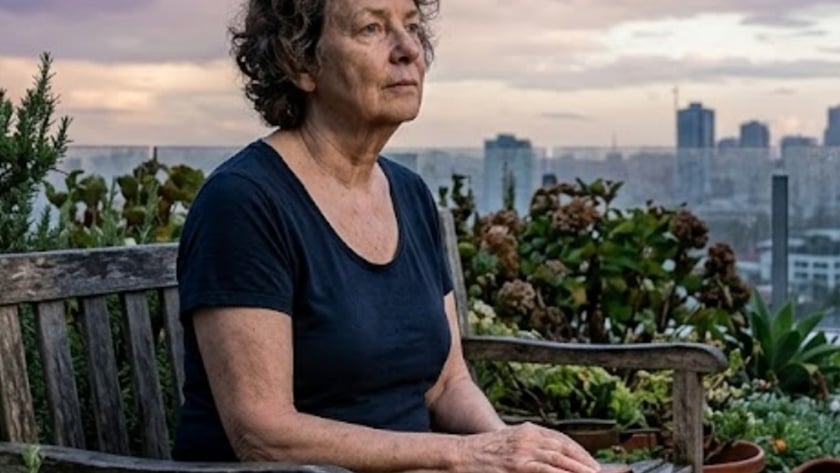 Mulher grisalha sentada em banco de madeira num terraço com plantas, segurando um livro.