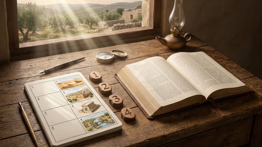 Mesa rústica com Bíblia aberta, caderno de quatro cenas numeradas, fichas de madeira e lamparina.