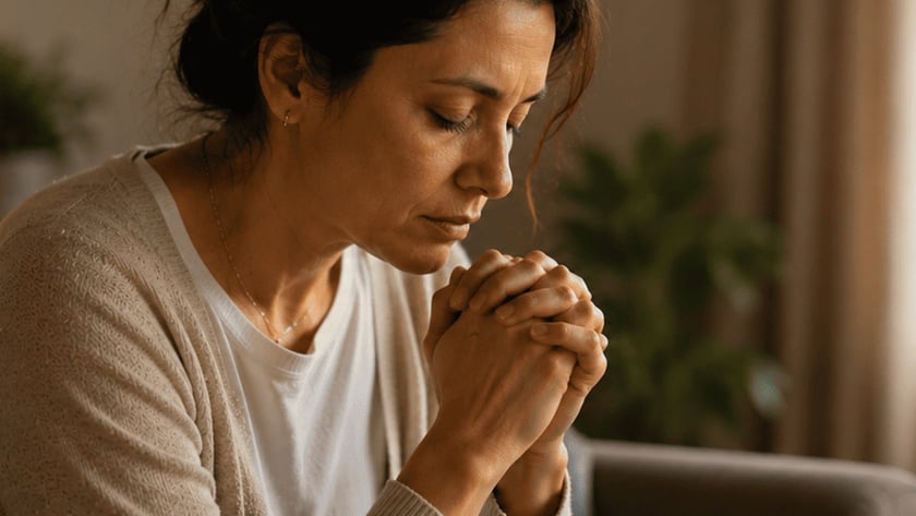 Mulher de olhos fechados e mãos unidas, sentada em um sofá na sala.
