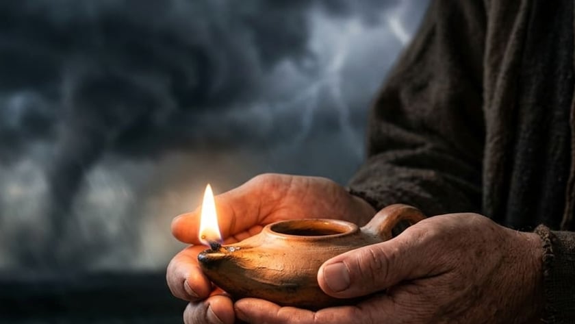 Mãos de um homem seguram uma lamparina de barro acesa diante de um tornado.