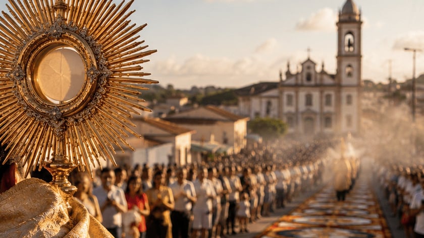 Padre de costas ergue custódia dourada diante de multidão em procissão numa rua com tapete decorado.