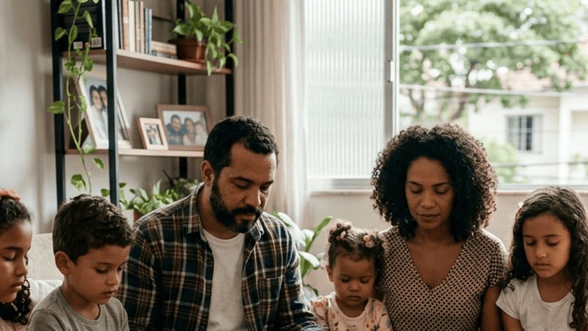 Família de mãos dadas e olhos fechados ao redor de mesa com Bíblia, cruz e vela.