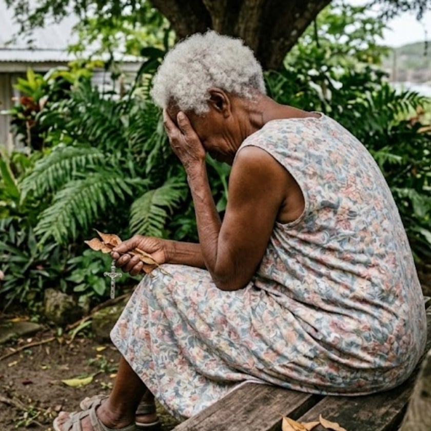 Idosa de cabelo branco sentada num banco no jardim, com a mão no rosto, segurando um terço.