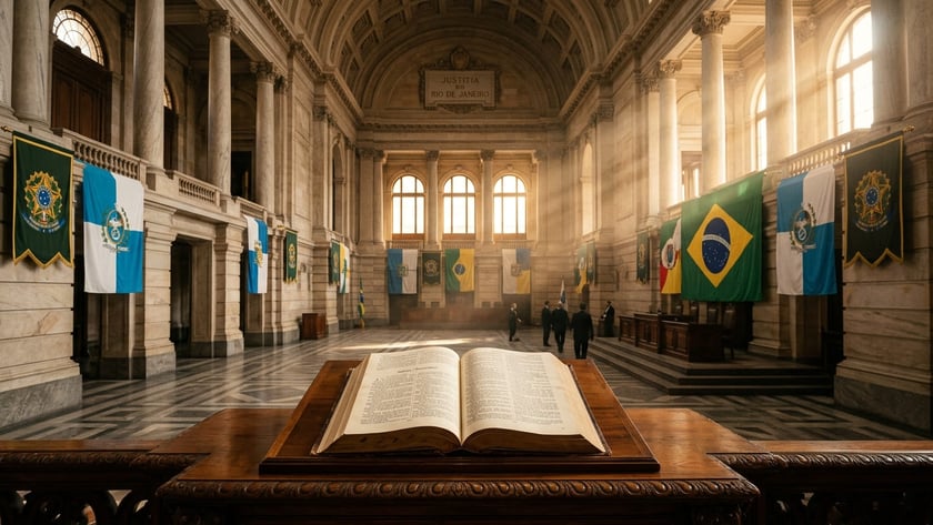 Salão amplo de tribunal com bandeiras e um livro aberto sobre um atril: "JUSTITIA DO RIO DE JANEIRO"