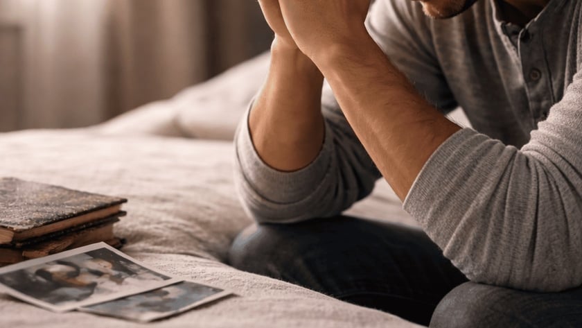 Homem de cabeça baixa, mãos unidas junto ao rosto, sentado numa cama ao lado de livros