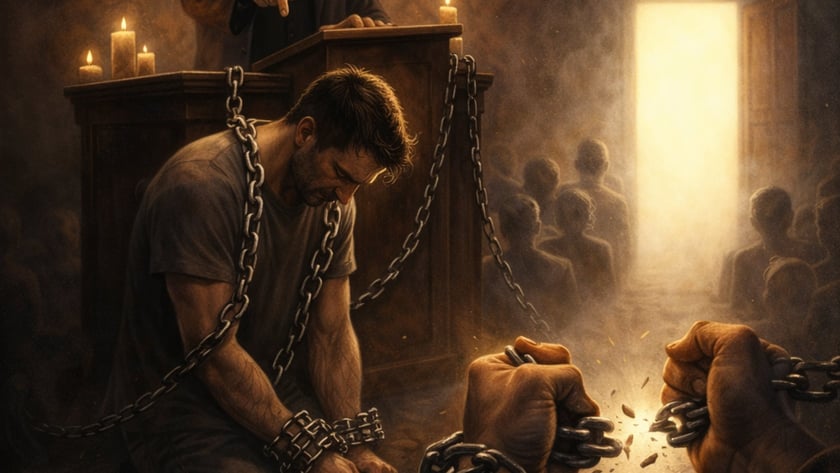 Padre aponta de um púlpito para homem acorrentado e ajoelhado; mãos rompem uma corrente.