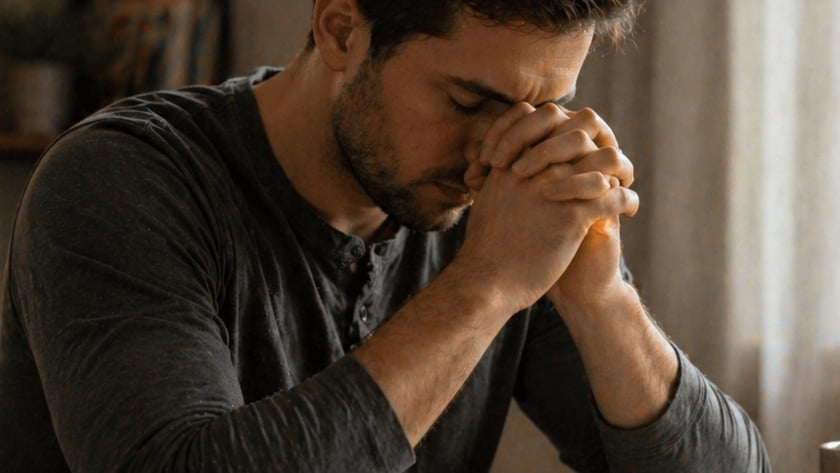 Homem de cabeça baixa, com as mãos unidas junto ao rosto, ao lado de uma Bíblia aberta e uma caneca.