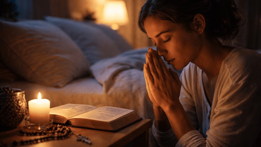 Mulher de olhos fechados e mãos juntas reza ao lado de uma Bíblia, vela e terço.