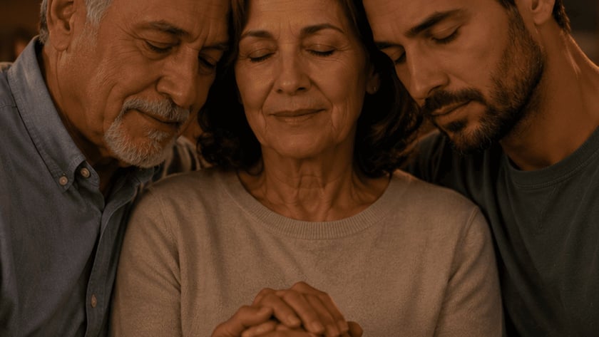 Casal de idosos de olhos fechados, abraçados no sofá, com as mãos unidas sobre o colo.