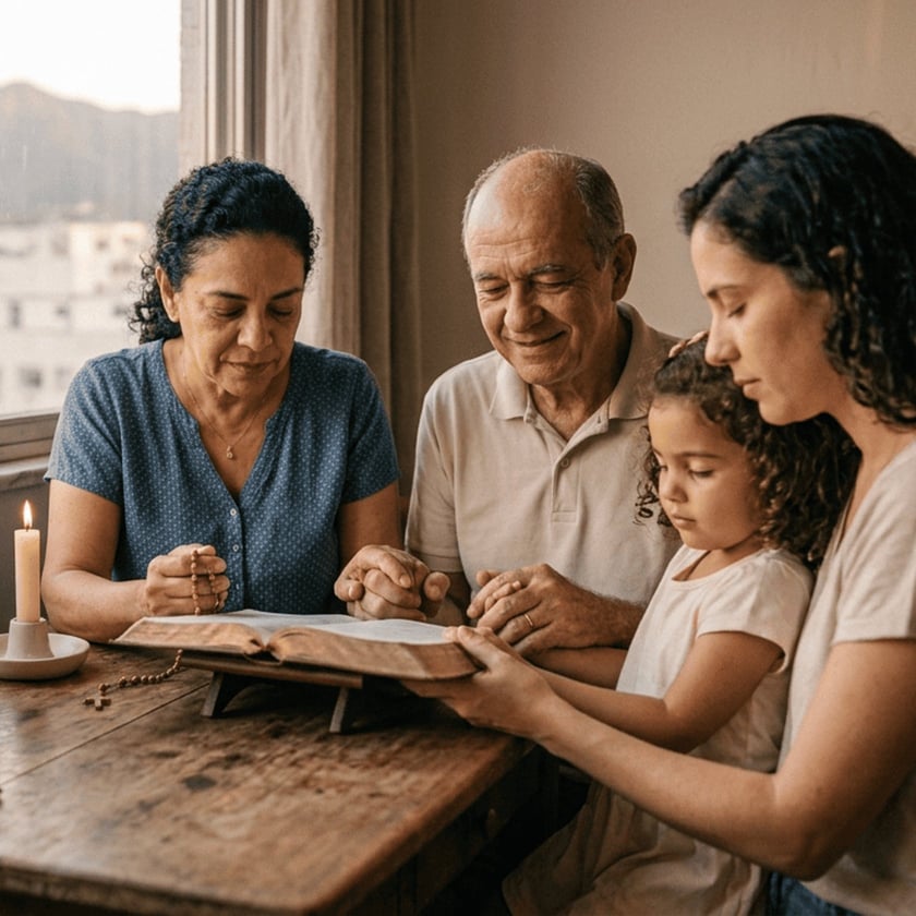 Família de três gerações reza junto à mesa, com Bíblia aberta, terço e vela.