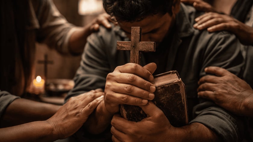 Homem de cabeça baixa segura cruz de madeira e Bíblia enquanto mãos tocam seus ombros.