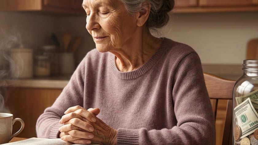 Idosa de olhos fechados e mãos unidas diante de uma Bíblia aberta, na cozinha.