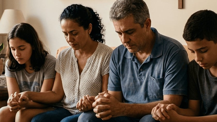 Família de quatro pessoas sentada no sofá, de mãos dadas e cabeças baixas, rezando na sala.