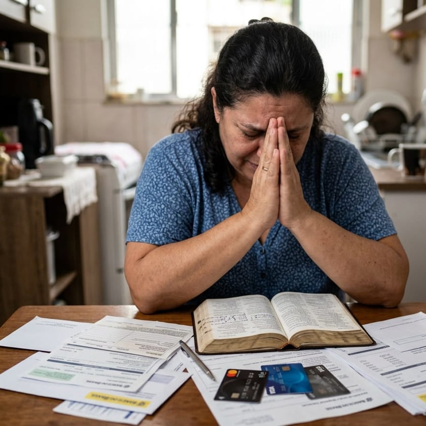 Mulher de mãos juntas diante do rosto, à mesa com contas, cartões e uma Bíblia aberta.