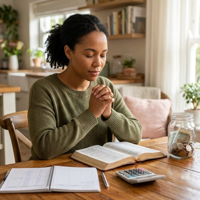 Mulher de olhos fechados e mãos juntas à mesa, com Bíblia, caderno, calculadora e pote de moedas.