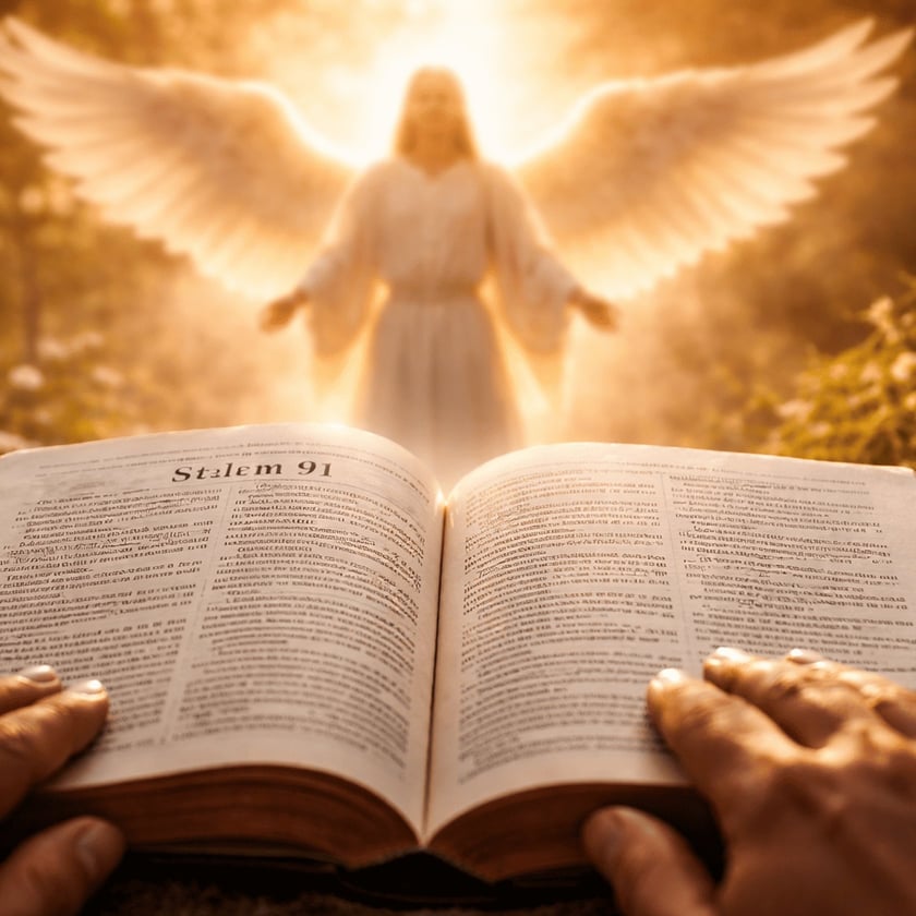 Mãos seguram uma Bíblia aberta diante de um anjo de asas brancas com braços abertos: "Stalem 91"