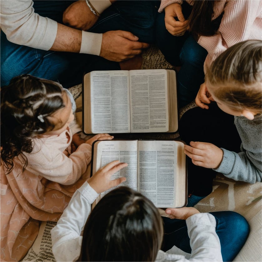 Crianças e adultos sentados em círculo no chão, lendo duas Bíblias abertas.
