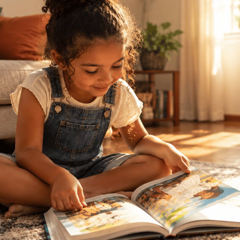 Menina de cabelo cacheado sentada no chão folheia um livro ilustrado aberto em uma sala.