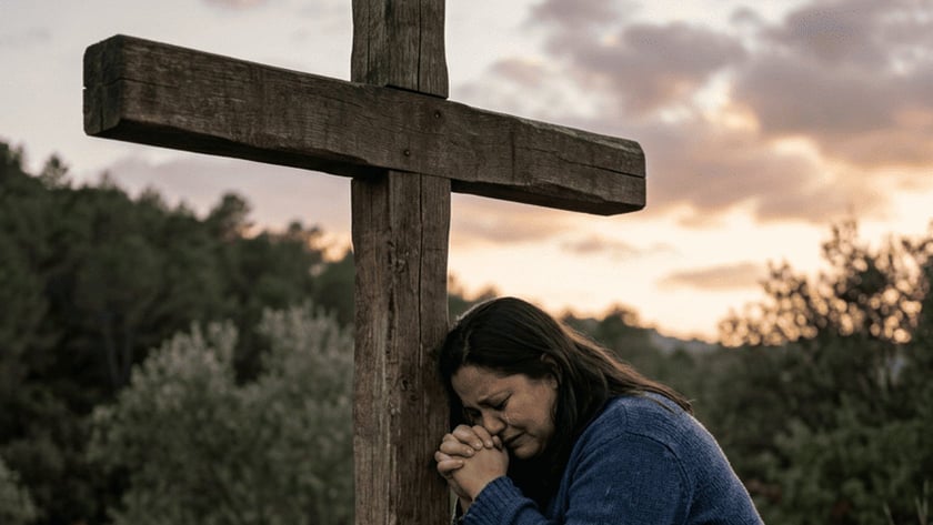 Mulher ajoelhada, de mãos postas, encosta a cabeça numa grande cruz de madeira ao ar livre.
