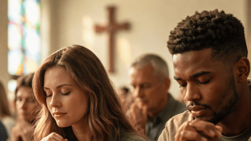 Mulher de olhos fechados e mãos unidas reza num banco de igreja, ao lado de outros fiéis.