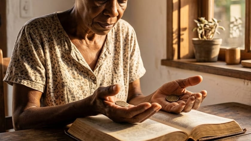 Idosa de lenço na cabeça segura duas moedas nas mãos diante de uma Bíblia aberta.