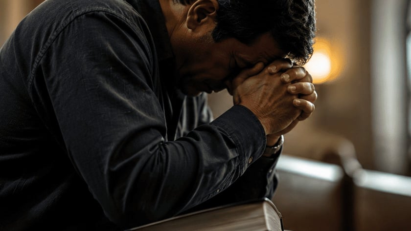 Homem de camisa escura com a cabeça baixa e mãos unidas, sentado num banco de igreja.