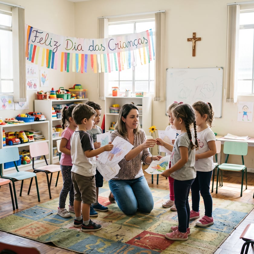 Professora ajoelhada mostra desenhos a cinco crianças em sala com faixa "Feliz Dia das Crianças"